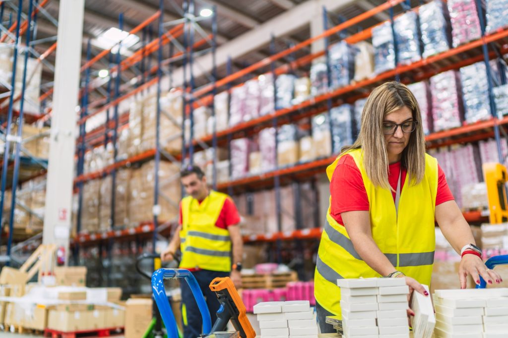 Warehouse workers managing inventory and logistics operations